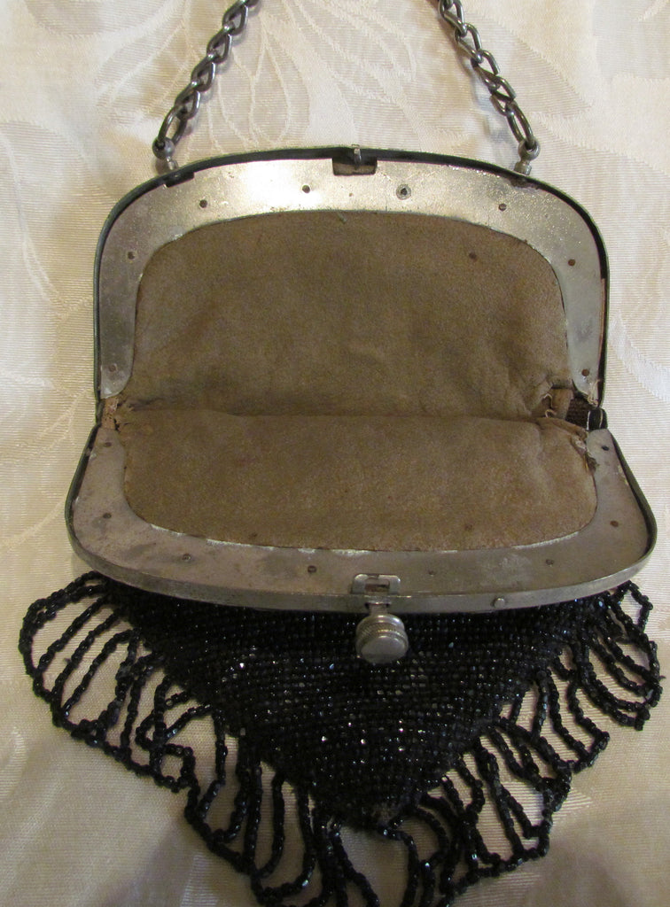 1910s Steel Cut Bead Purse Antique Chatelaine Black Beaded Bag Art