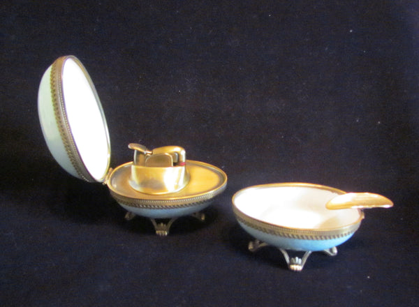 Evans Guilloche Egg Lighter Ashtray Set Blue Enamel 1950s Table Lighter Mid Century Rare Set