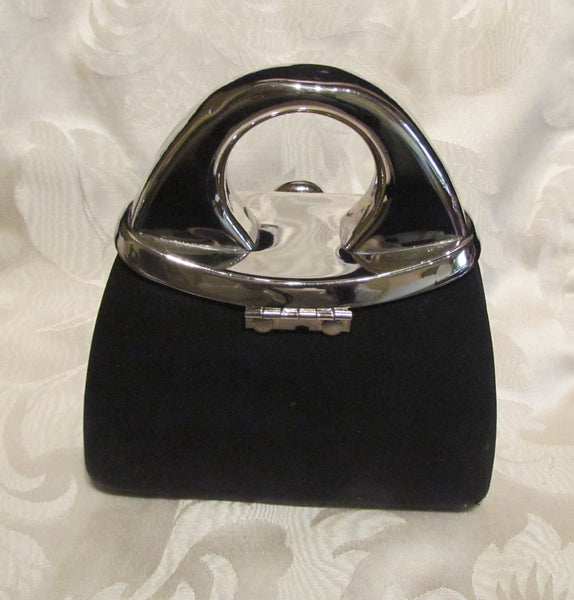 1950s Silver And Black Moire Cluch Purse With Rhinestone Clasp Shoulder Evening Bag