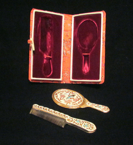 Asian Enamel Comb And Mirror Set With Silk Case Bird Motif